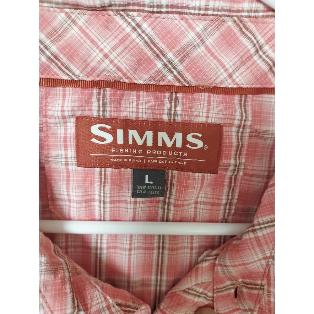 Simms Shirt Mens Large Fishing Plaid Long Sleeve Nylon Blend Pink Zip Pocket EUC